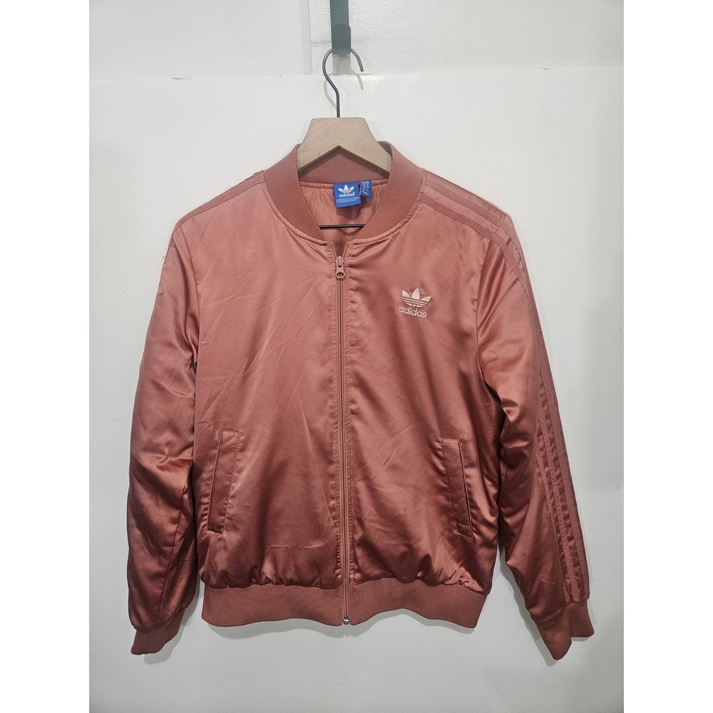 Adidas Originals Women Satin Bomber Jacket Pink Trefoil Logo Full Zip Small